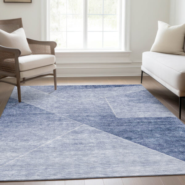 9' X 12' Navy Blue And Denim Blue Abstract Washable Indoor Outdoor Area Rug
