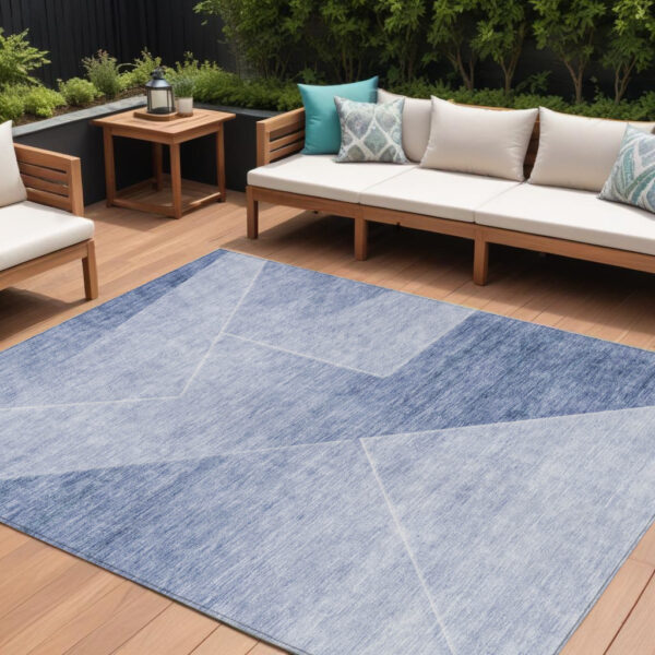 9' X 12' Navy Blue And Denim Blue Abstract Washable Indoor Outdoor Area Rug