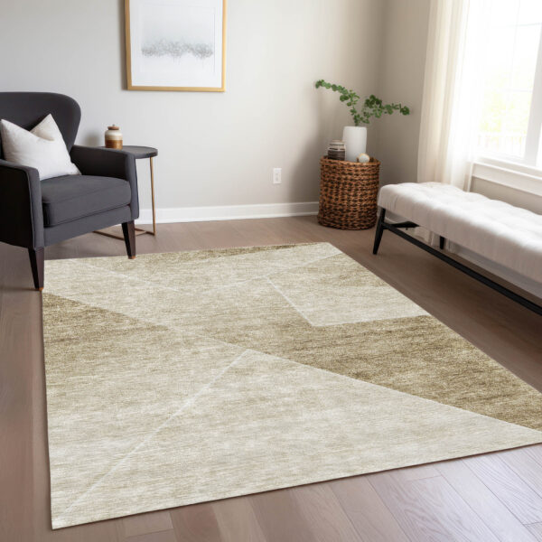 3' X 5' Beige Tan And Ivory Abstract Washable Indoor Outdoor Area Rug