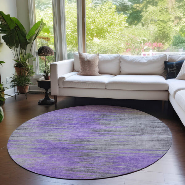 8' Purple Gray And Charcoal Round Abstract Washable Indoor Outdoor Area Rug