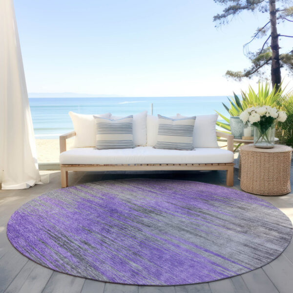 8' Purple Gray And Charcoal Round Abstract Washable Indoor Outdoor Area Rug