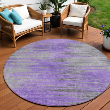 8' Purple Gray And Charcoal Round Abstract Washable Indoor Outdoor Area Rug