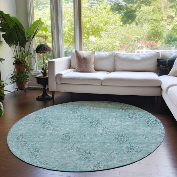 8' Teal Blue And Ivory Round Floral Washable Indoor Outdoor Area Rug