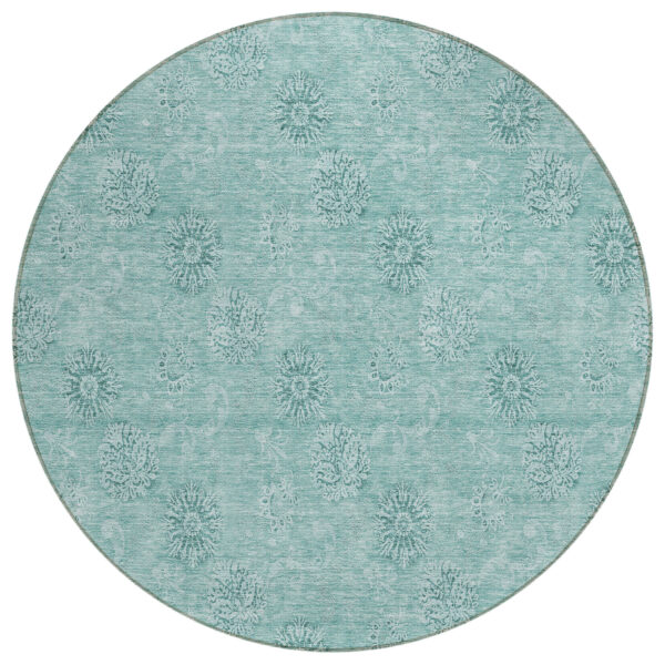 8' Teal Blue And Ivory Round Floral Washable Indoor Outdoor Area Rug