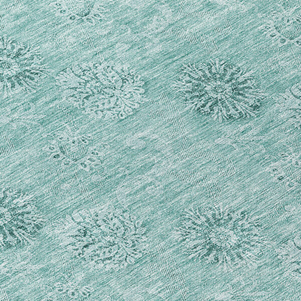 8' Teal Blue And Ivory Round Floral Washable Indoor Outdoor Area Rug