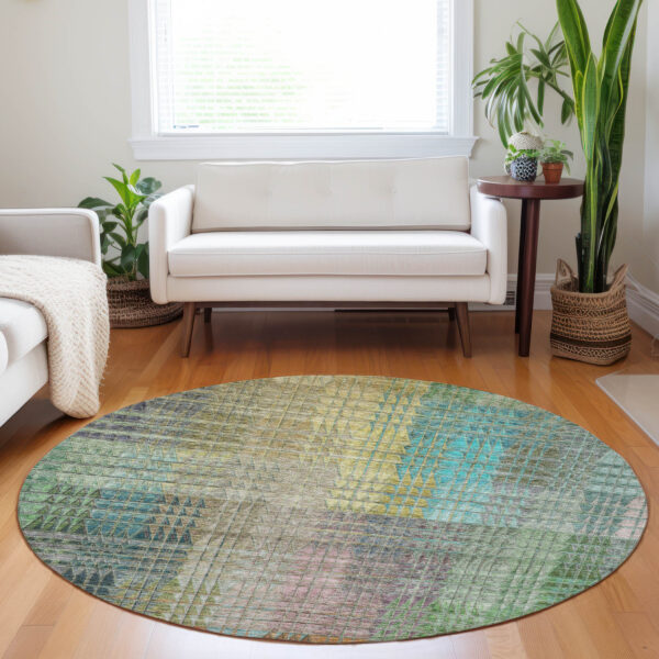 8' Green Gold And Teal Blue Round Abstract Washable Indoor Outdoor Area Rug