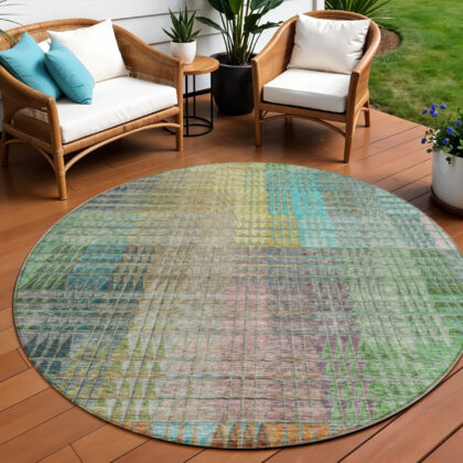 8' Green Gold And Teal Blue Round Abstract Washable Indoor Outdoor Area Rug
