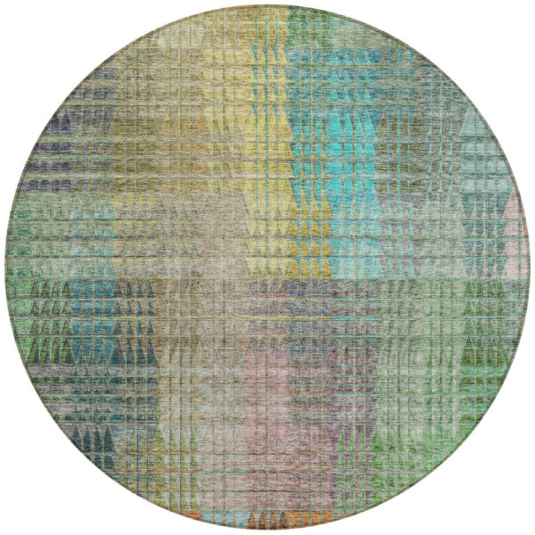 8' Green Gold And Teal Blue Round Abstract Washable Indoor Outdoor Area Rug