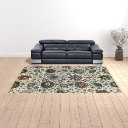 9' X 12' Stone Grey Purple Green Gold And Teal Oriental Power Loom Stain Resistant Area Rug