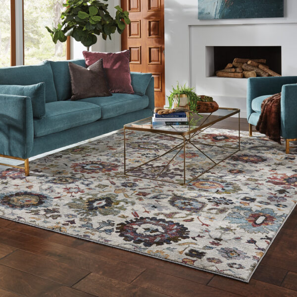 9' X 12' Stone Grey Purple Green Gold And Teal Oriental Power Loom Stain Resistant Area Rug