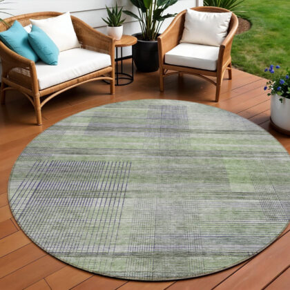 8' Artichoke Green Purple And Fern Green Round Striped Washable Indoor Outdoor Area Rug
