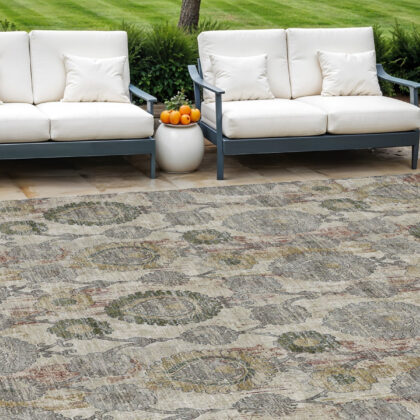 8' X 10' Beige Taupe And Green Damask Washable Indoor Outdoor Area Rug