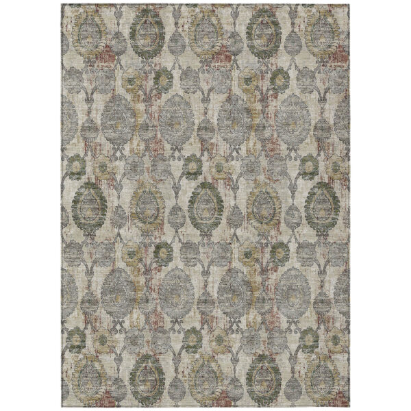 8' X 10' Beige Taupe And Green Damask Washable Indoor Outdoor Area Rug