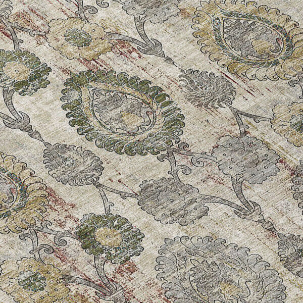 8' X 10' Beige Taupe And Green Damask Washable Indoor Outdoor Area Rug