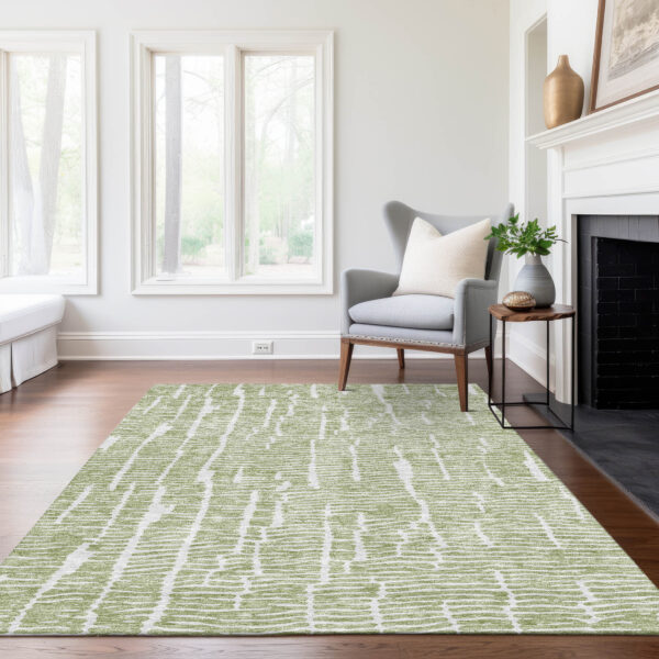 9' X 12' Artichoke Green Green And Ivory Abstract Washable Indoor Outdoor Area Rug