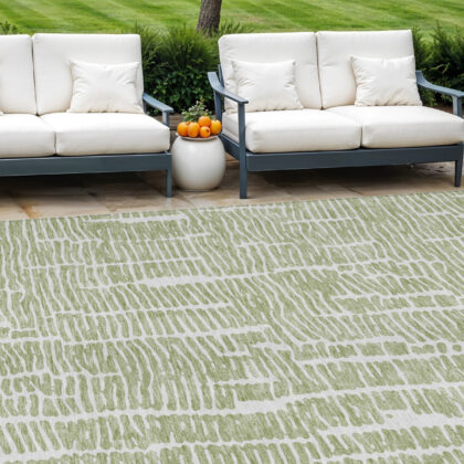 9' X 12' Artichoke Green Green And Ivory Abstract Washable Indoor Outdoor Area Rug