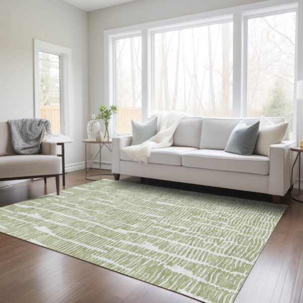 9' X 12' Artichoke Green Green And Ivory Abstract Washable Indoor Outdoor Area Rug