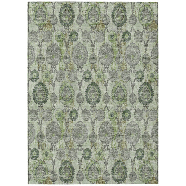 3' X 5' Artichoke Green And Fern Green Damask Washable Indoor Outdoor Area Rug