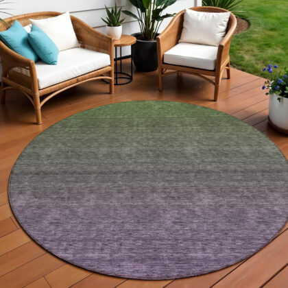 8' Purple Charcoal And Green Round Ombre Washable Indoor Outdoor Area Rug