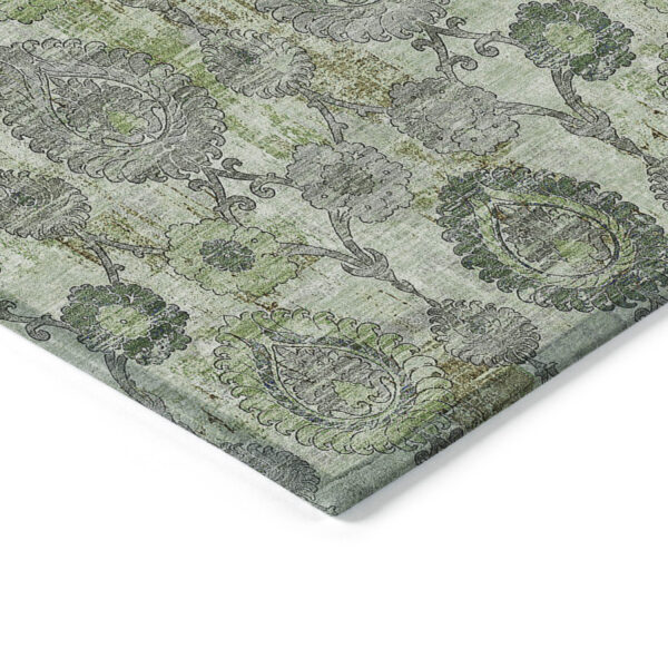 3' X 5' Artichoke Green And Fern Green Damask Washable Indoor Outdoor Area Rug