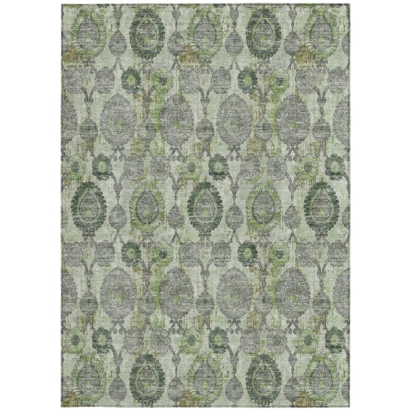 3' X 5' Artichoke Green And Fern Green Damask Washable Indoor Outdoor Area Rug