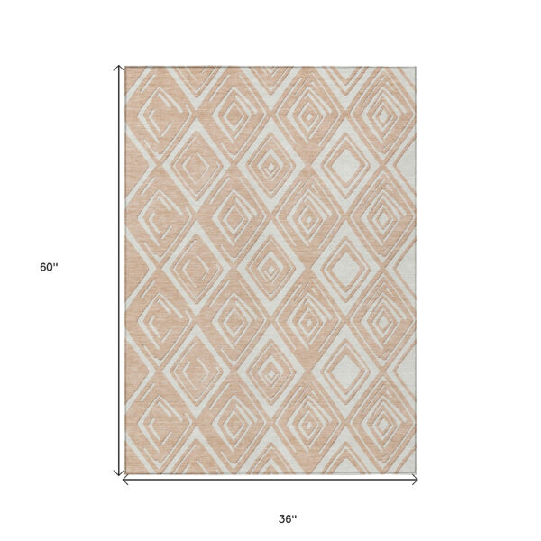 3' X 5' Peach And Ivory Geometric Washable Indoor Outdoor Area Rug