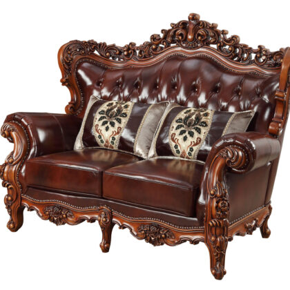 69" Brown And Walnut Top Grain Leather Curved Loveseat and Toss Pillows