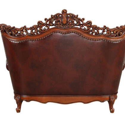 69" Brown And Walnut Top Grain Leather Curved Loveseat and Toss Pillows