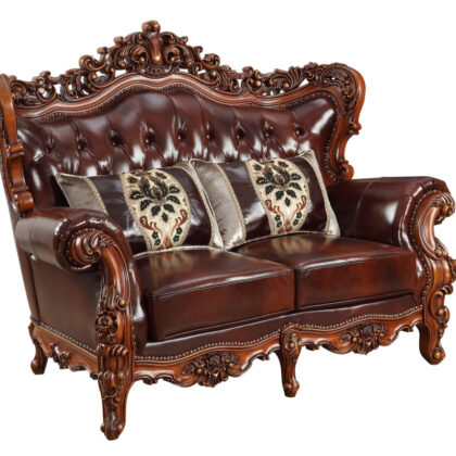 69" Brown And Walnut Top Grain Leather Curved Loveseat and Toss Pillows