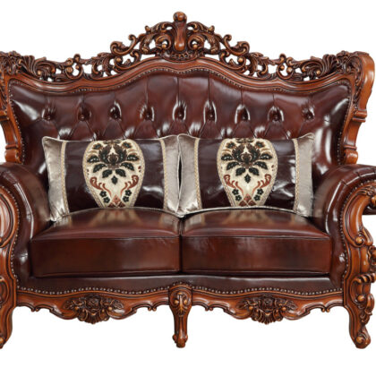 69" Brown And Walnut Top Grain Leather Curved Loveseat and Toss Pillows