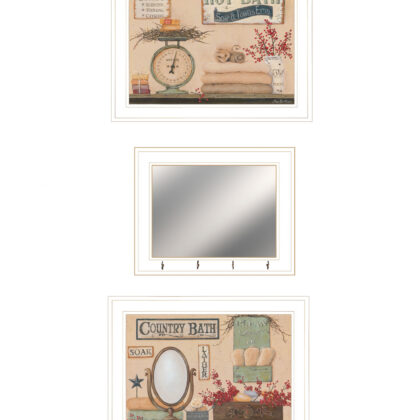 Set Of Three Wash Room White Rim Frame Bathroom Wall Art with Hooks