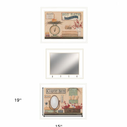 Set Of Three Wash Room White Rim Frame Bathroom Wall Art with Hooks