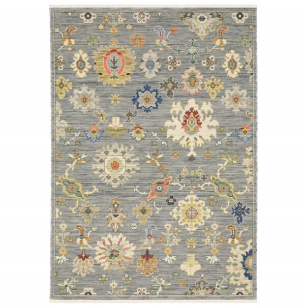 10' X 13' Grey Ivory Gold Salmon Red Blue And Green Oriental Power Loom Stain Resistant Area Rug With Fringe