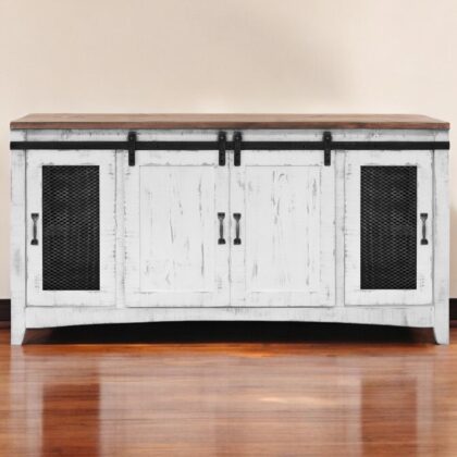 68" White Solid Wood Cabinet Enclosed Storage Distressed TV Stand