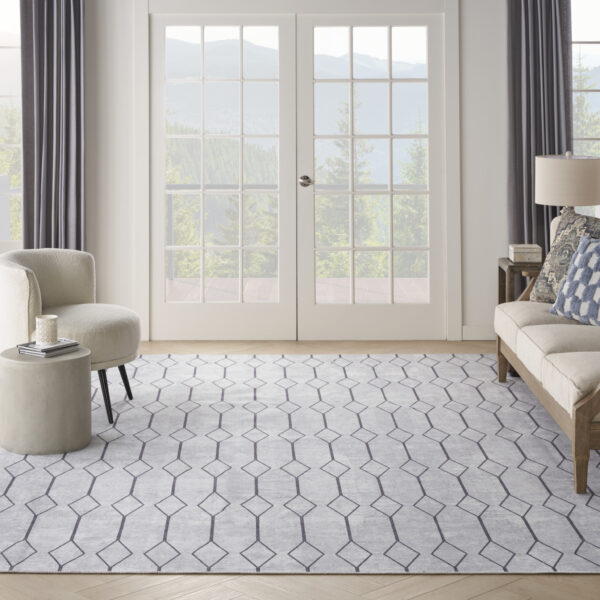 9' x 12' Ivory and Gray Geometric Power Loom Washable Area Rug
