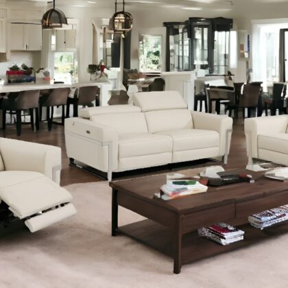 Three Piece Indoor Beige Italian Leather Six Person Seating Set