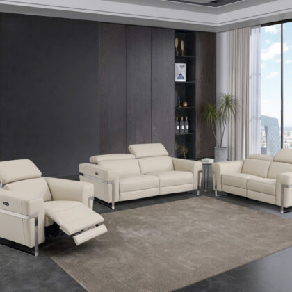 Three Piece Indoor Beige Italian Leather Six Person Seating Set