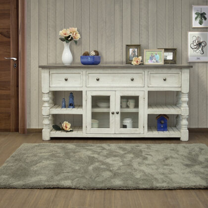 70" Ivory Solid Wood Open shelving Distressed TV Stand