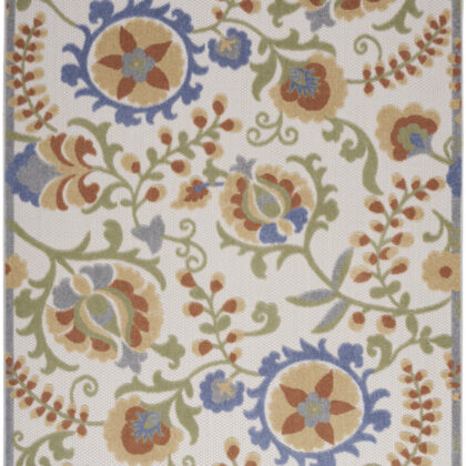 5' X 7' Ivory and Blue Indoor Outdoor Area Rug