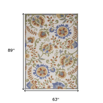 5' X 7' Ivory and Blue Indoor Outdoor Area Rug