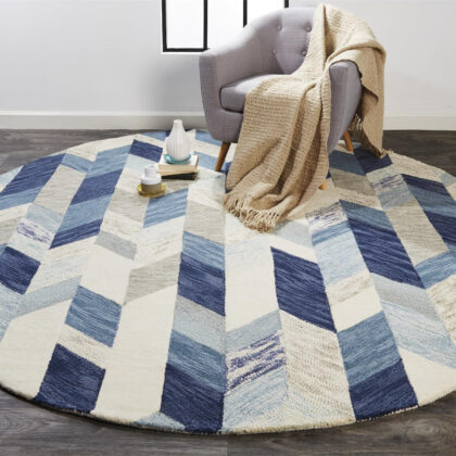 8' Blue Ivory And Gray Round Wool Geometric Tufted Handmade Area Rug