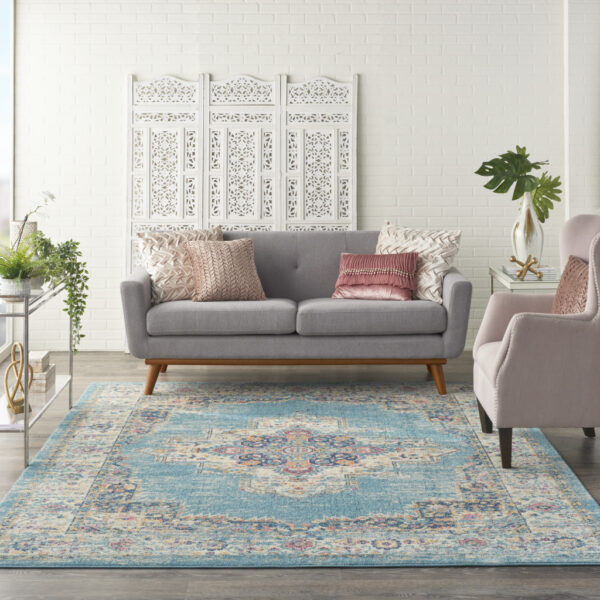 9' x 12' Light Blue Floral Power Loom Area Rug