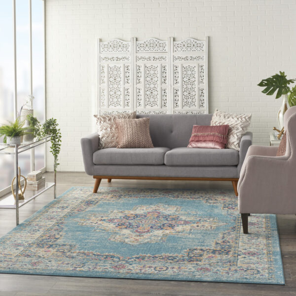 9' x 12' Light Blue Floral Power Loom Area Rug