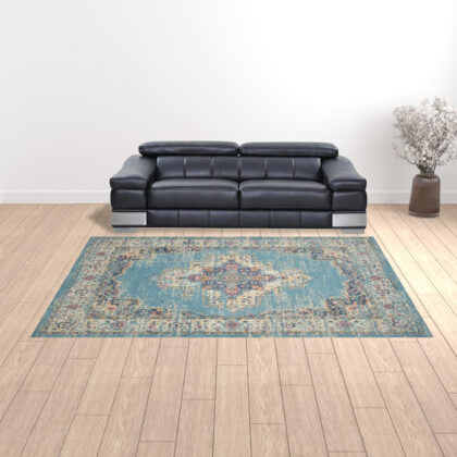 9' x 12' Light Blue Floral Power Loom Area Rug