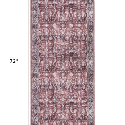 6' Red and Ivory Oriental Power Loom Distressed Washable Non Skid Runner Rug