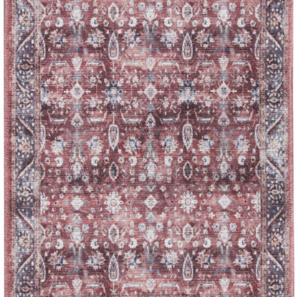 6' Red and Ivory Oriental Power Loom Distressed Washable Non Skid Runner Rug