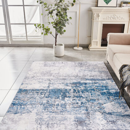 3' X 5' Gray and Blue Abstract Shag Printed Washable Non Skid Area Rug