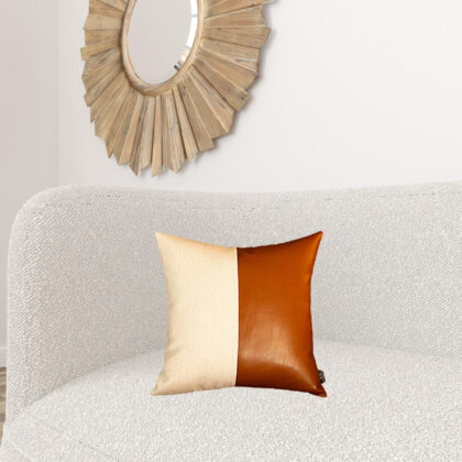 Bisected Brown And White Faux Leather Pillow Cover