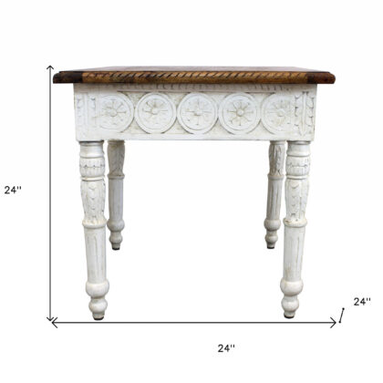 24" Ivory And Brown Distressed Solid Wood Square End Table