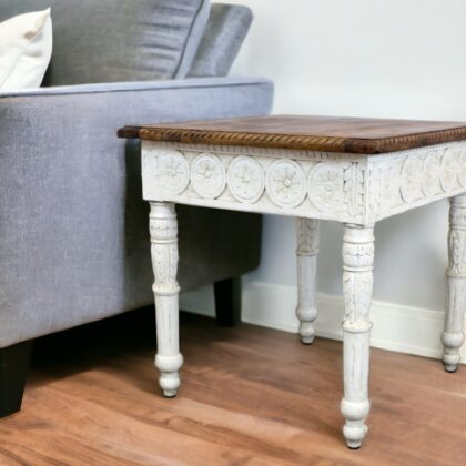 24" Ivory And Brown Distressed Solid Wood Square End Table